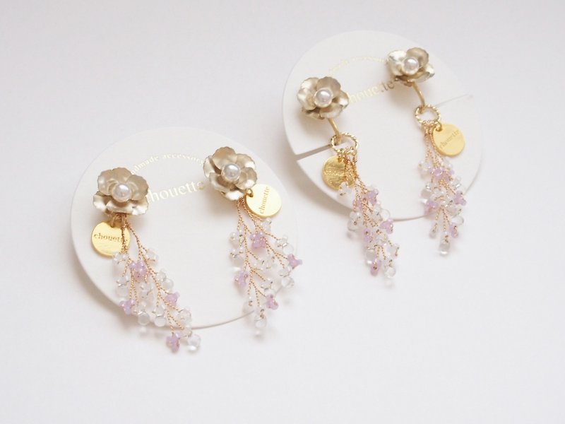 Matte gold flower earrings pink - ต่างหู - วัสดุอื่นๆ สึชมพู