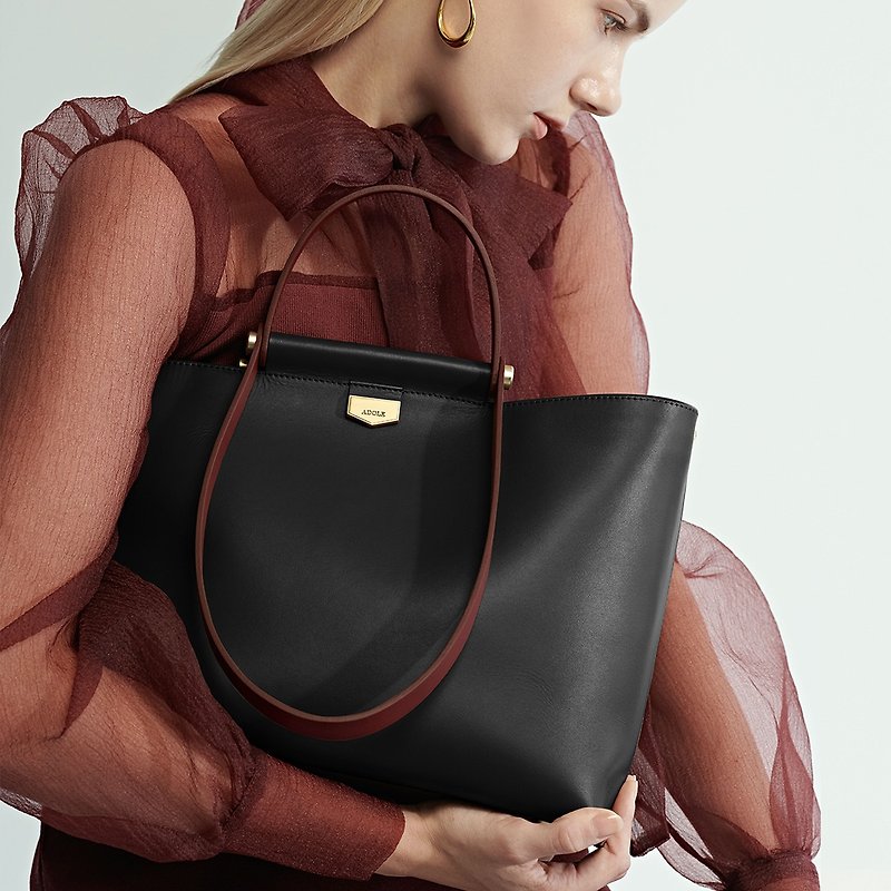 SIMONE leather color selection tote bag/black (free custom engraving) - Handbags & Totes - Genuine Leather Black
