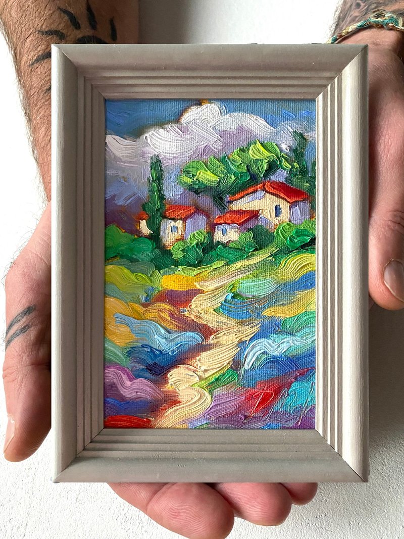 薰衣草田繪畫托斯卡納原創藝術風景油畫厚塗小幅藝術品 4x6 托斯 - 壁貼/牆壁裝飾 - 木頭 