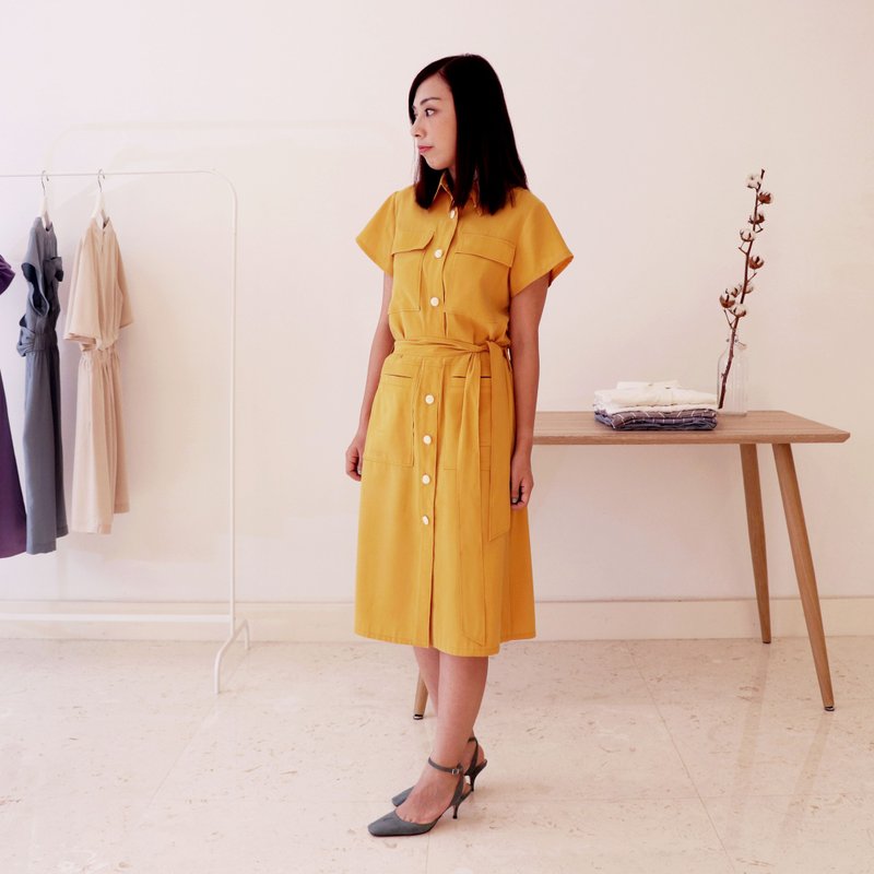 【換季特賣】女裝 黃色彷恤衫連腰帶 襯衣裙 連衣裙 - 洋裝/連身裙 - 其他材質 黃色