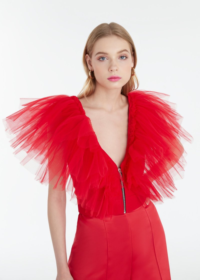 Anna Red ruffles tulle blouse for cocktail party dress - 女上衣/長袖上衣 - 聚酯纖維 紅色