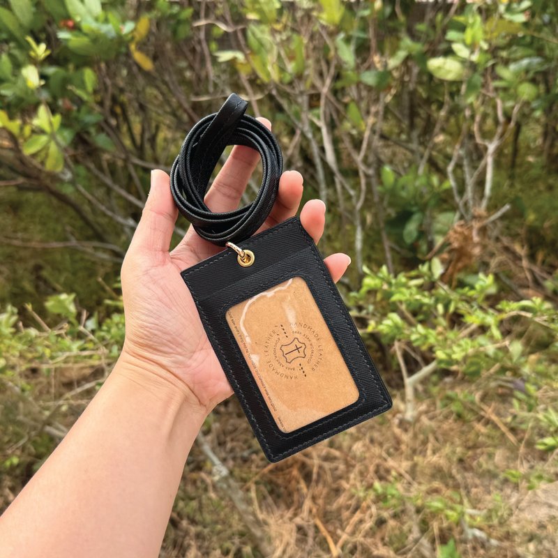 【ID Card Holder】Black Saffiano | W/ Lanyard | Handmade Leather in Hong Kong - ที่ใส่บัตรคล้องคอ - หนังแท้ สีดำ