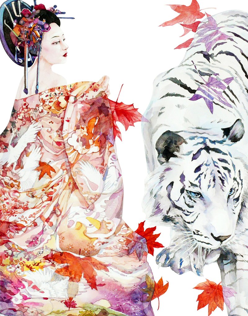 Silent Tiger Roar-Tiger Style Painting-Fleeing Time-Original Watercolor Art Painting/Art Hanging Painting/Ukiyo-e/Home Decoration - โปสเตอร์ - กระดาษ สึชมพู