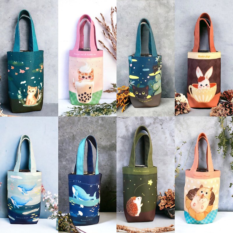 Cute illustration drink tote: Double-sided, water-resistant, fits 750ml drinks. - Beverage Holders & Bags - Other Man-Made Fibers 