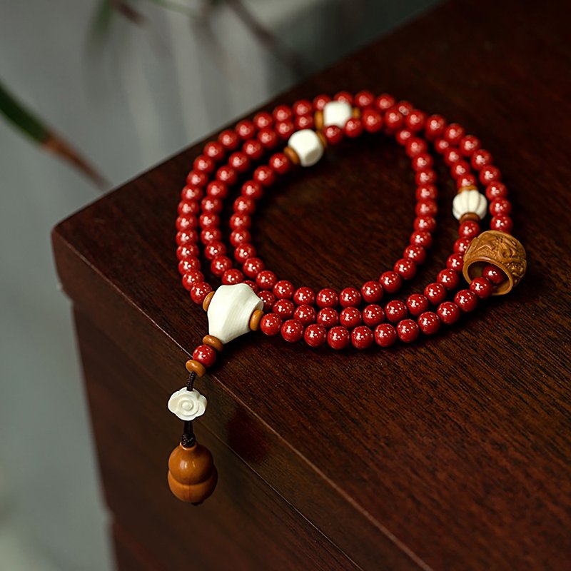 Natural imperial cinnabar 108 rosary beads are held in the hands of multi-circle long strings of Buddhist beads red natal year gift national style - สร้อยข้อมือ - วัสดุอื่นๆ สีแดง