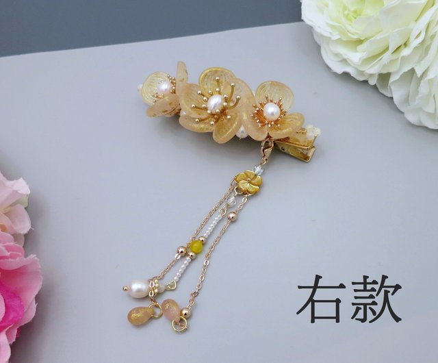 天然石☆お花ビーズ3連＊タッセル＊かんざし