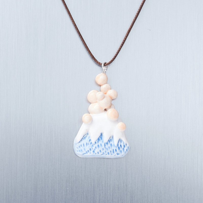 Active Volcano and Baobab Tree-Handmade White Porcelain Necklace - สร้อยติดคอ - เครื่องลายคราม สีน้ำเงิน