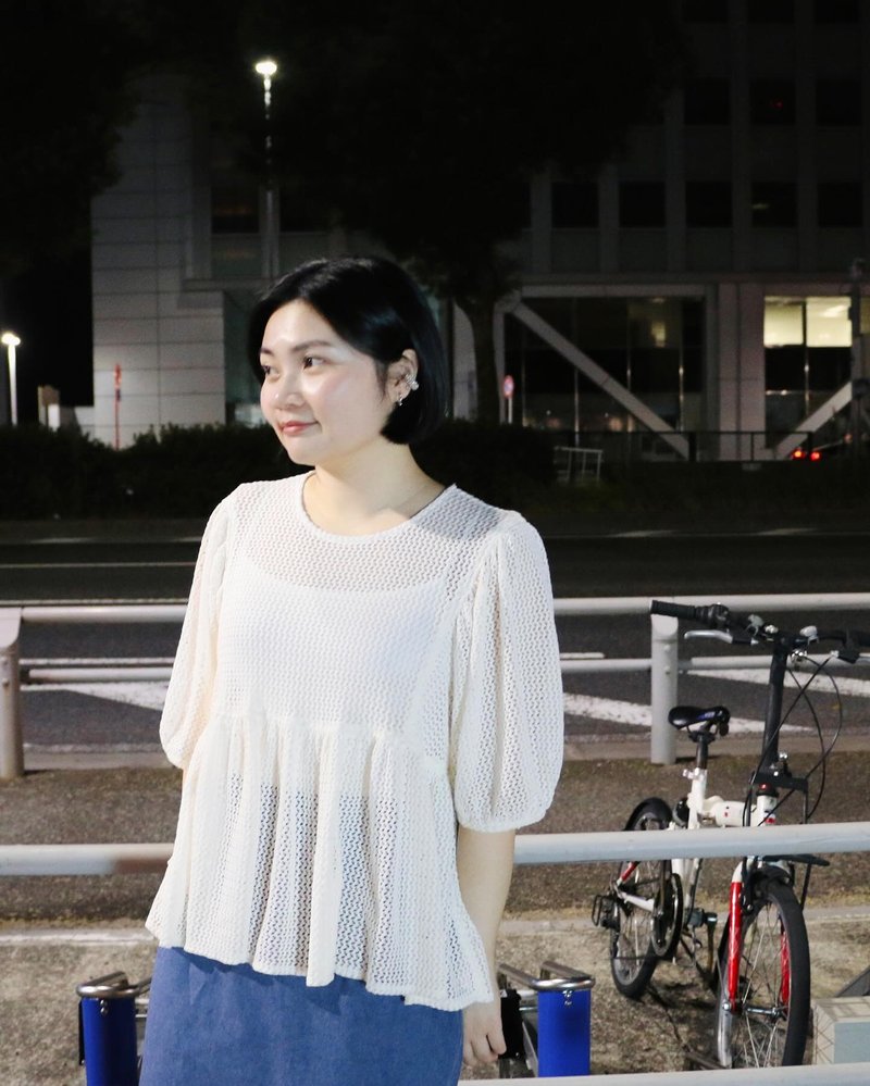 漫行 - 圓領蓬袖短上衣(五分袖) - 女上衣/長袖上衣 - 聚酯纖維 白色