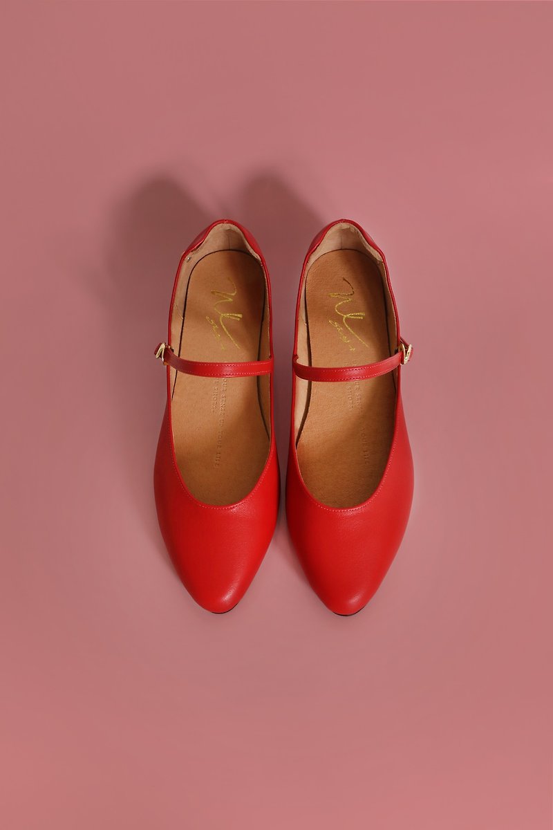 Mary Jane (Red) Red Low Heels | WL - รองเท้าหนังผู้หญิง - หนังแท้ สีแดง