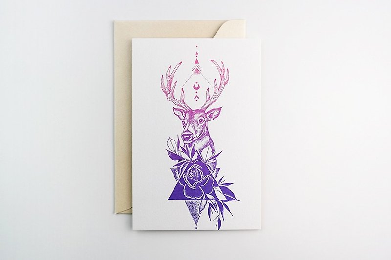 Hand-painted greeting cards elk pattern / tattoo, tattoo artist illustrator work / letterpress typography, gradient - Cards & Postcards - Paper Multicolor