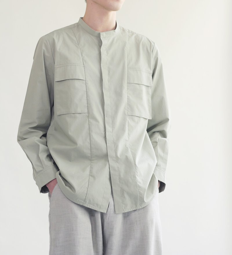 Stand Collar Pocket Shirt - Sage Green - เสื้อเชิ้ตผู้ชาย - ผ้าฝ้าย/ผ้าลินิน สีเขียว