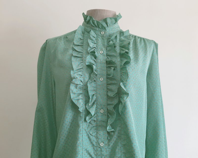 Medium Vintage Blue Green Ruffle Collar Blouse Womens Abstract Print Shirt M - 女上衣/長袖上衣 - 聚酯纖維 綠色