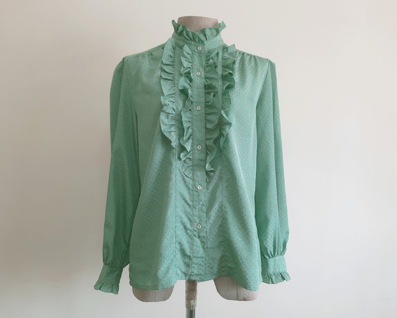 Medium Vintage Blue Green Ruffle Collar Blouse Womens Abstract Print Shirt M - 女上衣/長袖上衣 - 聚酯纖維 綠色