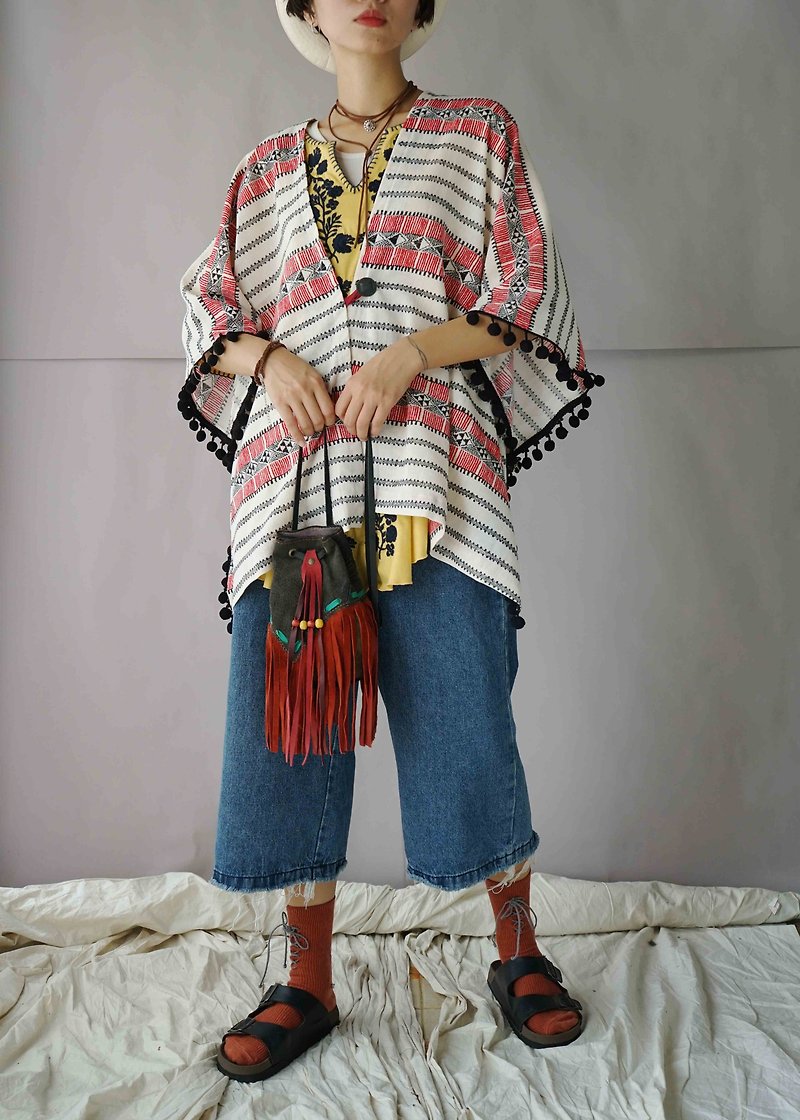 Design Handmade - Folk Custom Print Red White Black Ball Shawl - Women's Tops - Cotton & Hemp White
