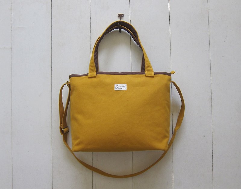 Macarons - Row Canvas Medium Tote Bag (Zip Opening + External Zipper Bag + Fixed Adjustable Strap) - กระเป๋าแมสเซนเจอร์ - ผ้าฝ้าย/ผ้าลินิน สีนำ้ตาล