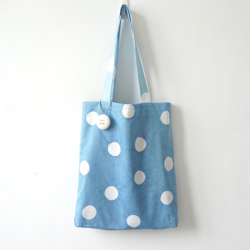 S.A x Tiffany Macaron, Indigo dyed Handmade Dots Pattern Tote Bag - Messenger Bags & Sling Bags - Cotton & Hemp Blue