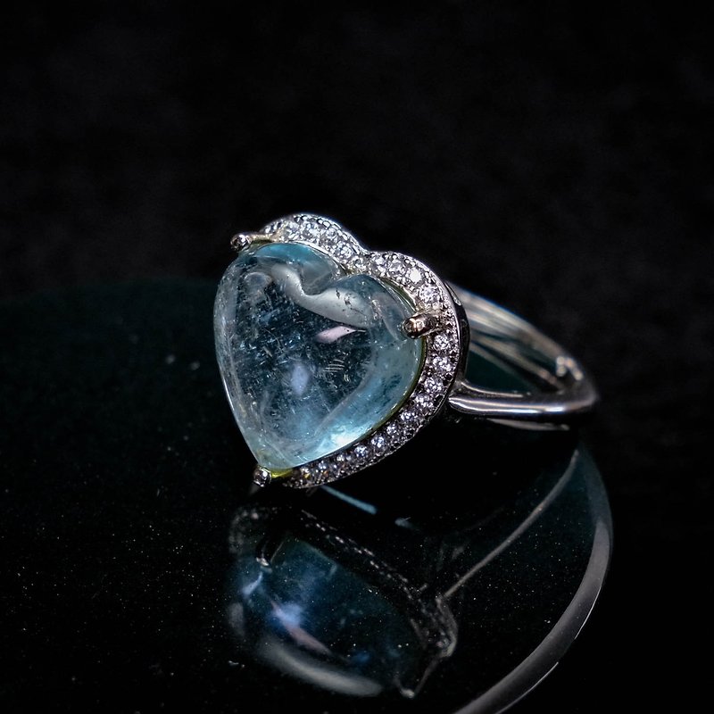 TBF - Aquamarine ring, beautiful clear material love ring, heart-shaped ring with diamonds, Silver table - General Rings - Crystal 