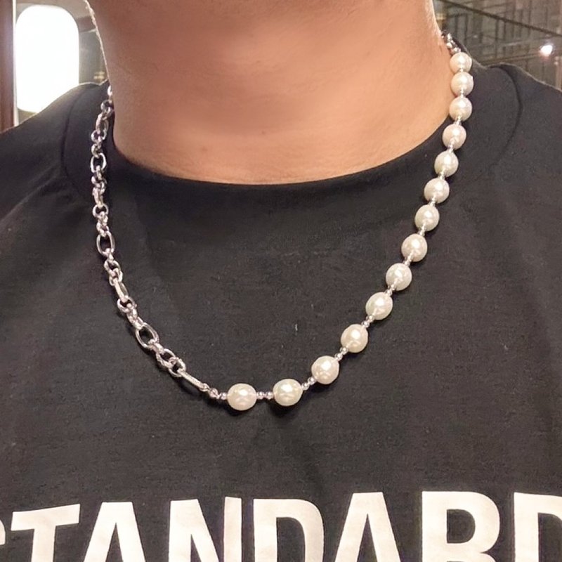 Personalized titanium chain pearl necklace pearl necklace natural freshwater pearl men's trendy and versatile - สร้อยคอ - ไข่มุก 