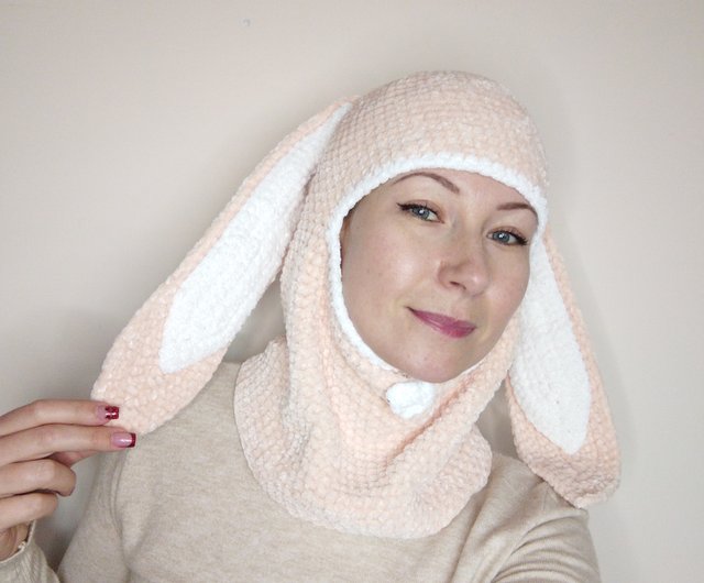 Beige bunny balaclava crochet. Fluffy balaclava with rabbit