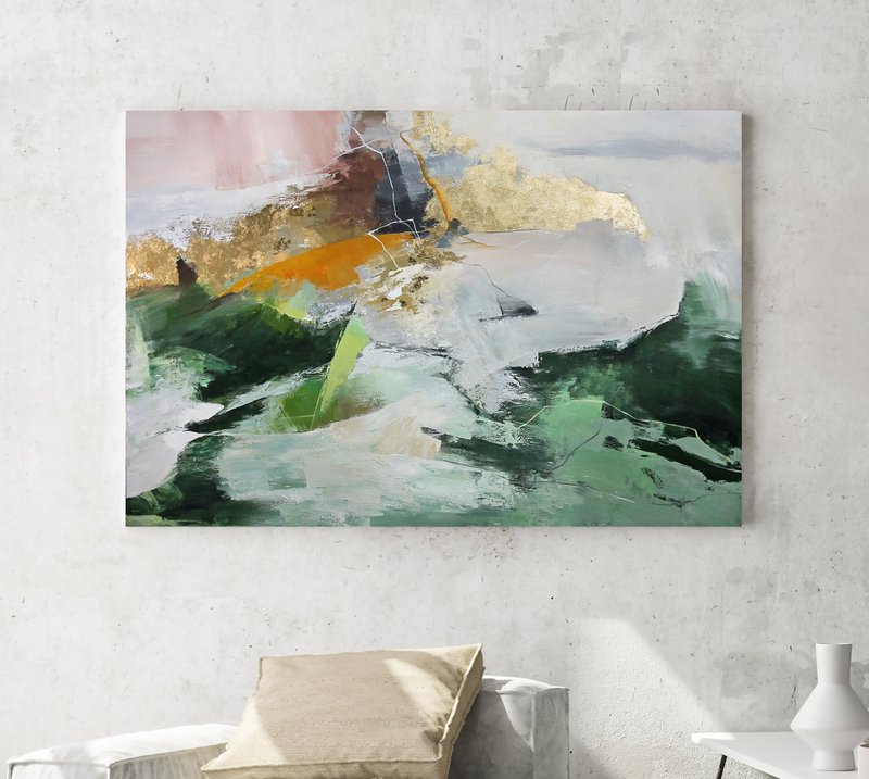 Green Abstract Painting | Green Canvas Painting | Green Wall Art | Green Pulse - 壁貼/牆壁裝飾 - 棉．麻 綠色