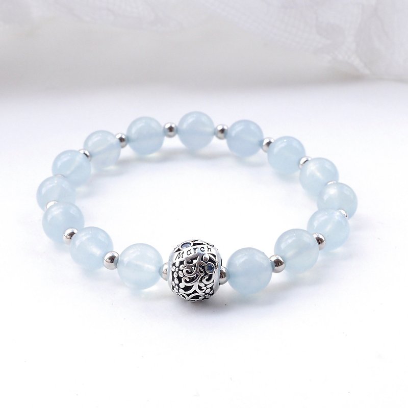 5A Aquamarine 8MM 925 Sterling Silver Natural Stone Bracelet—MARCH— - Bracelets - Crystal 