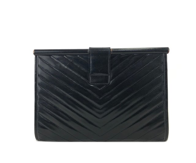 Auth Yves Saint Laurent Clutch Bag Handbag Black Vintage Chevron