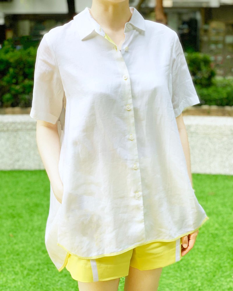 UUIN _ Short-sleeved shirt with webbing trim - เสื้อเชิ้ตผู้หญิง - ผ้าฝ้าย/ผ้าลินิน ขาว