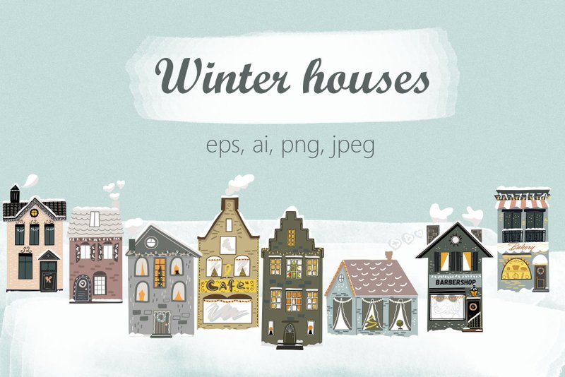 WINTER CLIPART, CHRISTMAS houses clipart, Chrismas town, Happy new year clipart - Illustration, Painting & Calligraphy - Other Materials Khaki