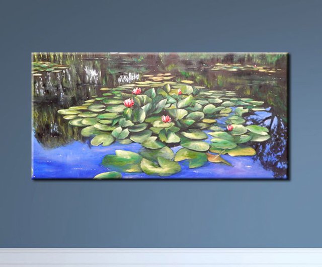 油絵 湖面 蓮 ブルー 夏 一点もの 油絵 湖面 蓮 ブルー 夏 一点もの