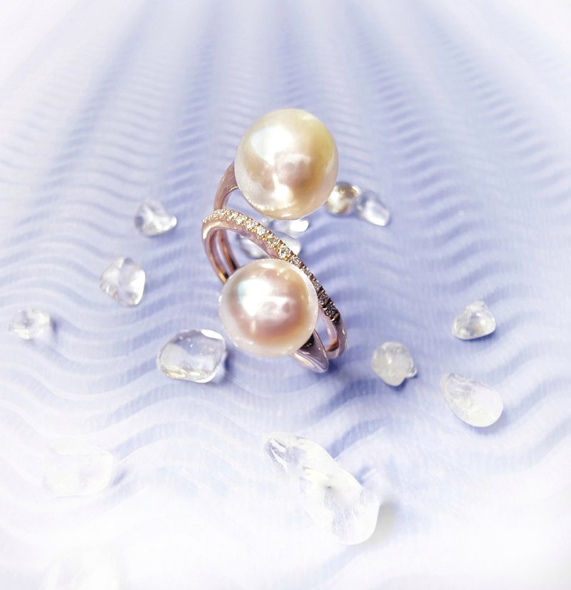 天然養殖珍珠 日本純 18K 白金 微鑲鑽石 - 戒指 - 寶石 