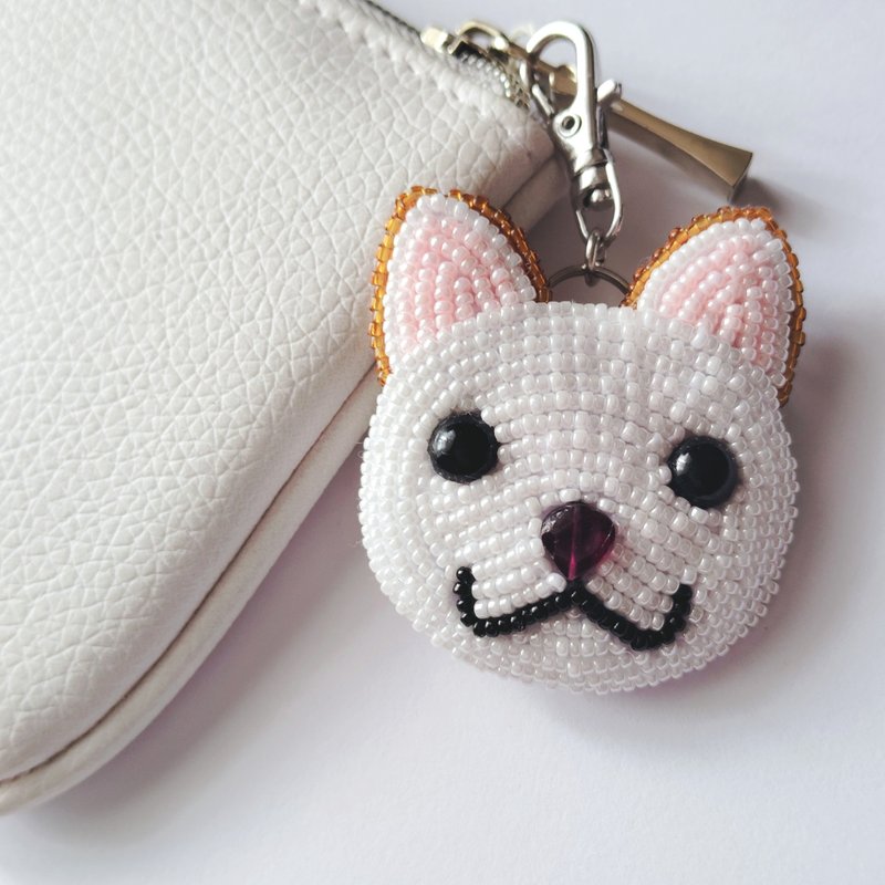 White Shiba Inu with a Garnet Nose Charm, Bag Charm, Keychain - พวงกุญแจ - เครื่องประดับพลอย 