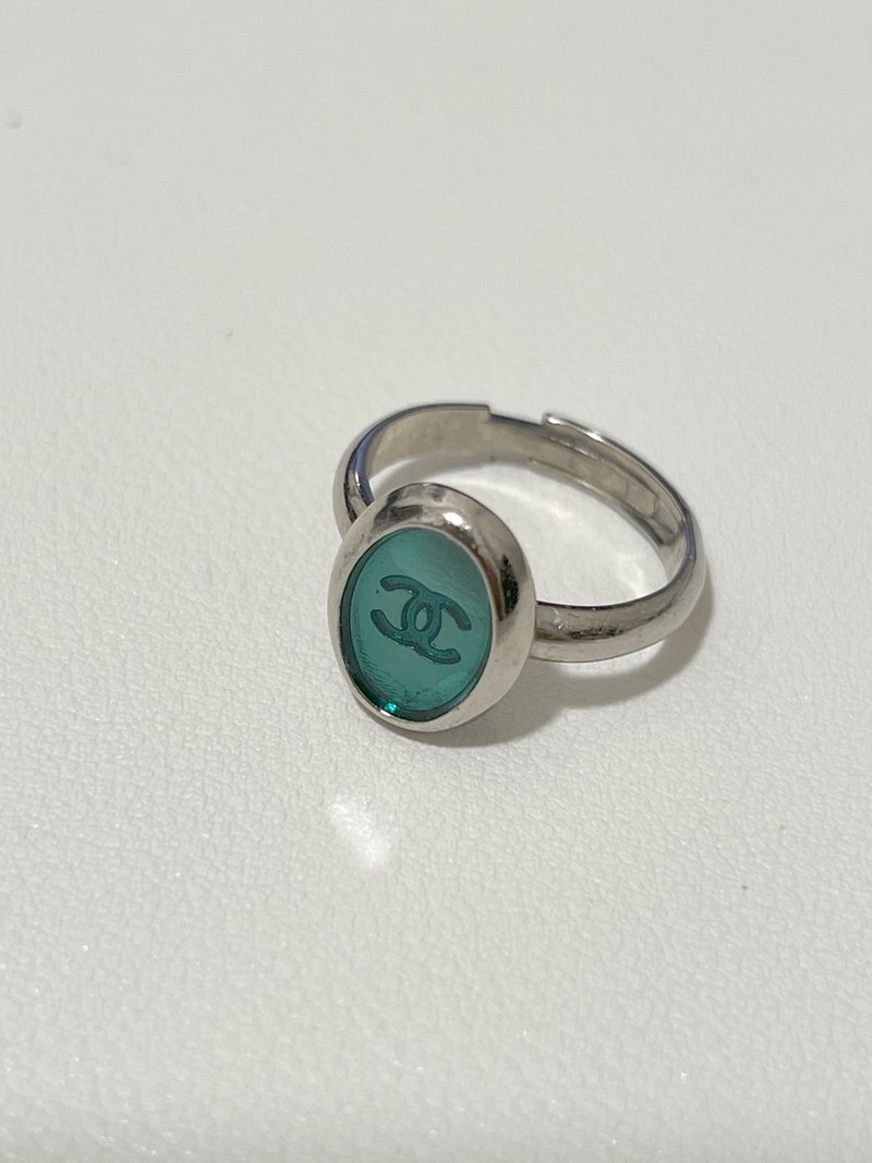 Chanel 稀有綠色CC橢圓牌銀色中古戒指 日本中古二手vintage - 戒指 - 其他金屬 銀色