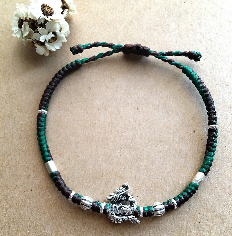 ~米+熊~龙龙龙/silk wax line/sterling silver/woven bracelet / 925 silver bracelet - Bracelets - Paper Green