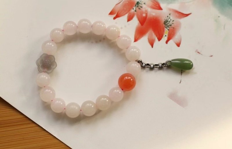 9mm天然和闐玉/和田玉-青海藕粉玉 煙紫玉花南紅珠碧玉水滴單圈手 - 手鍊/手環 - 寶石 粉紅色