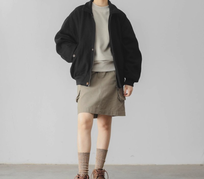 法式復古 少女男朋友式情侶款羊毛呢黑色夾克外套 - 女大衣/外套 - 羊毛 黑色