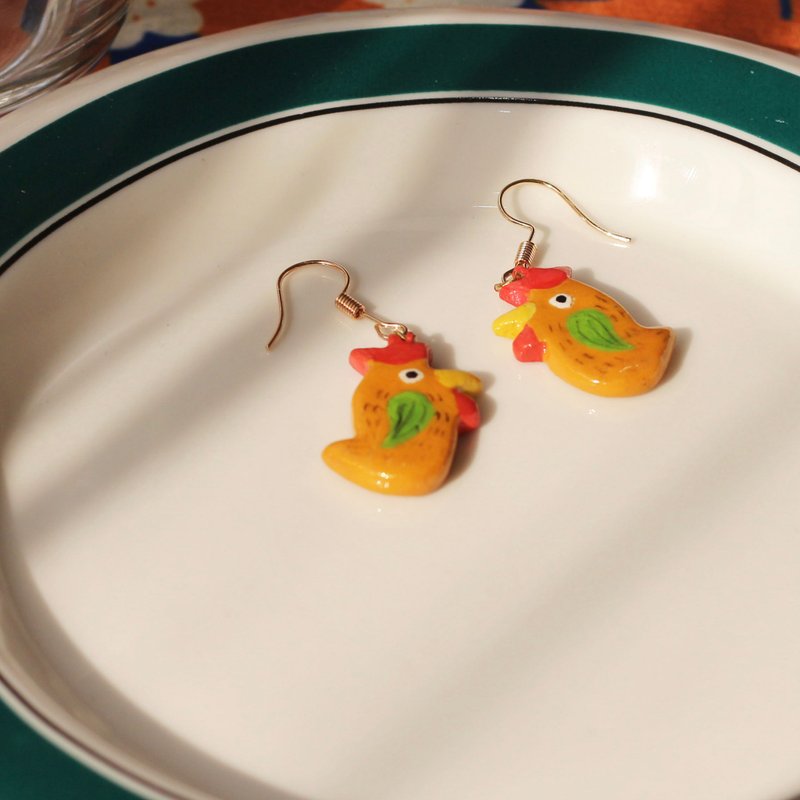 Hand drawn earrings two chickens - ต่างหู - ดินเหนียว สีส้ม