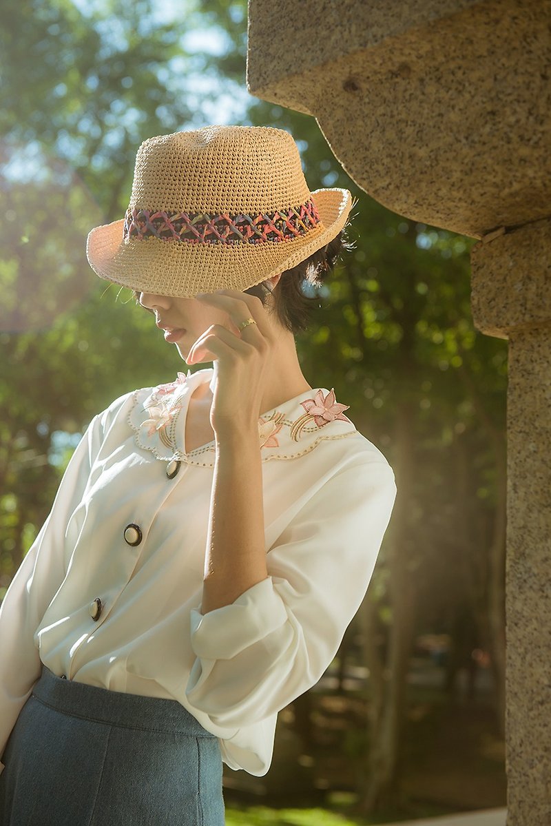 原裸色編織繽紛彩線雙層花紋手工中性紳士帽 | vintage莞洱選品 - 帽子 - 環保材質 