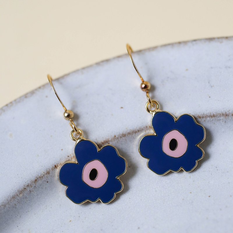 Dark blue poppy flower earrings ear clips romantic birthday gift carton packaging - Earrings & Clip-ons - Enamel Blue