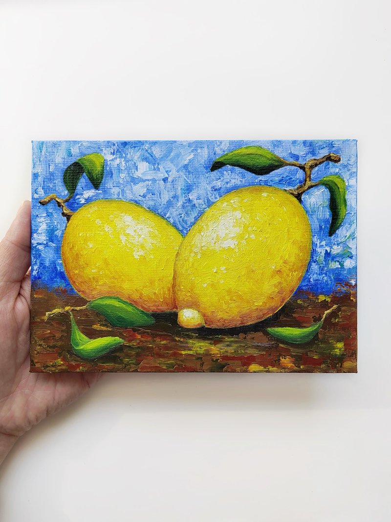 Lemons oil painting, Small original artwork, Home Wall Art, Impasto Painting - ตกแต่งผนัง - วัสดุอื่นๆ หลากหลายสี