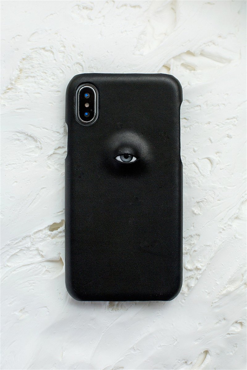 Black eyeball theme handmade genuine leather iPhone case protective cover Italian vegetable tanned cowhide - Phone Cases - Genuine Leather Black