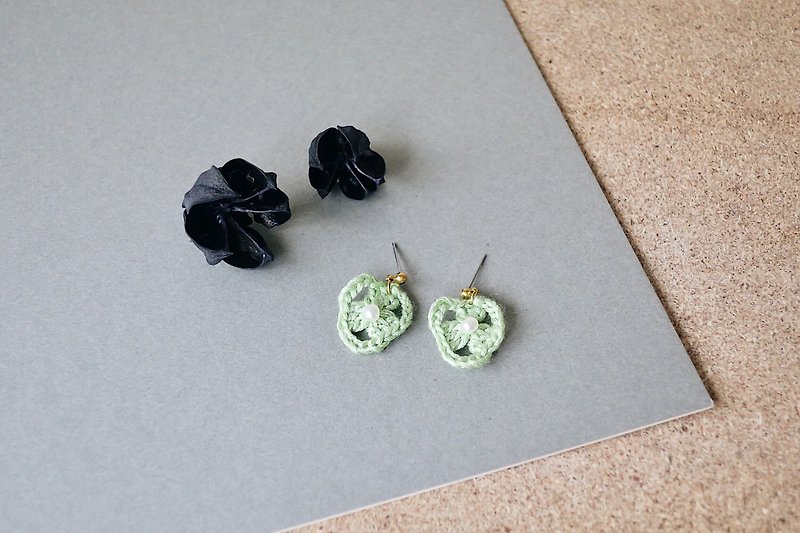 【Endorphin】 Embroidery thread braided pearl earrings-apple green - Earrings & Clip-ons - Cotton & Hemp Green