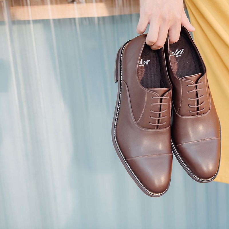 Gullar 簡約切線牛津-素食皮鞋(紅咖) - 男款牛津鞋 - 防水材質 咖啡色