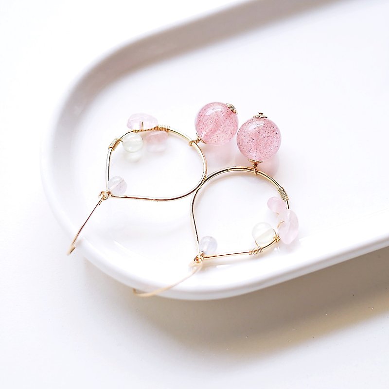 Rouge tender powder strawberry crystal water drop earrings 14K GF changed to love stone good popularity - Earrings & Clip-ons - Gemstone Pink