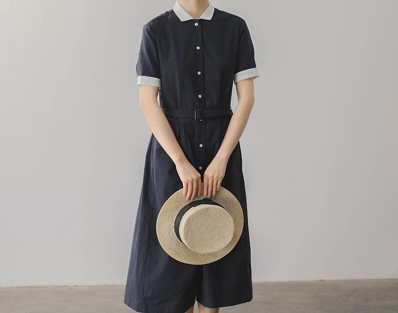 French retro girl writer literary high waist contrast color lapel dress - ชุดเดรส - ผ้าฝ้าย/ผ้าลินิน สีดำ