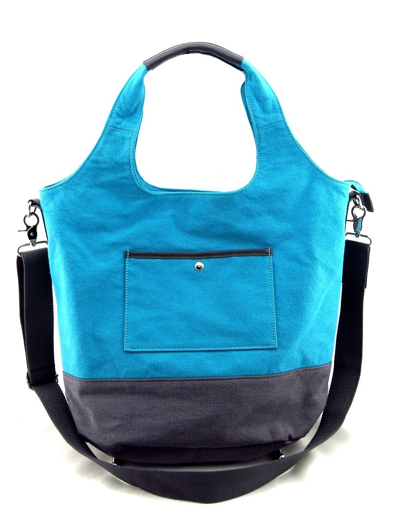 Canvas 2 Bag (With Detachable Shoulder Strap)-Lake Blue/Gray - กระเป๋าแมสเซนเจอร์ - ผ้าฝ้าย/ผ้าลินิน สีน้ำเงิน