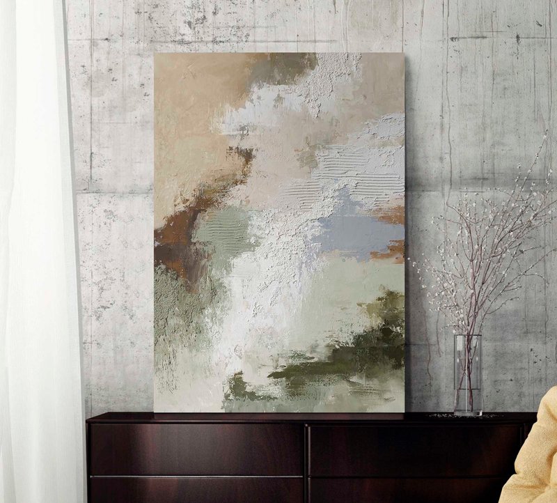 Abstract beige sage green gray painting canvas | Beige abstract | Biege Fjord - 壁貼/牆壁裝飾 - 棉．麻 綠色