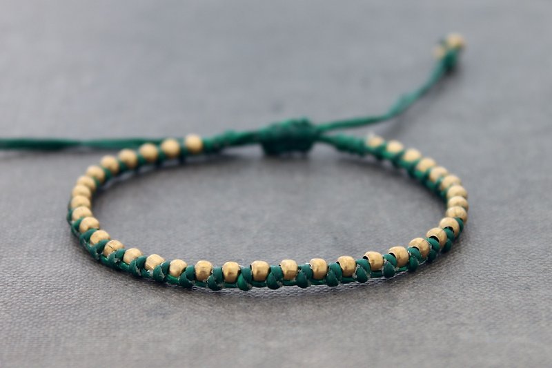 Green Brass Woven Beaded Bracelets Waxed Cord Free Size Adjustable Unisex Bracelets - Bracelets - Cotton & Hemp Green