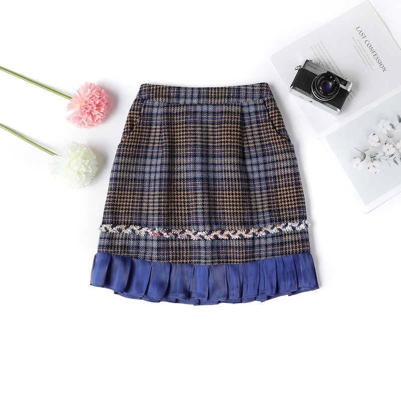 Plaid pleated skirt-blue-lining - Skirts - Polyester Blue
