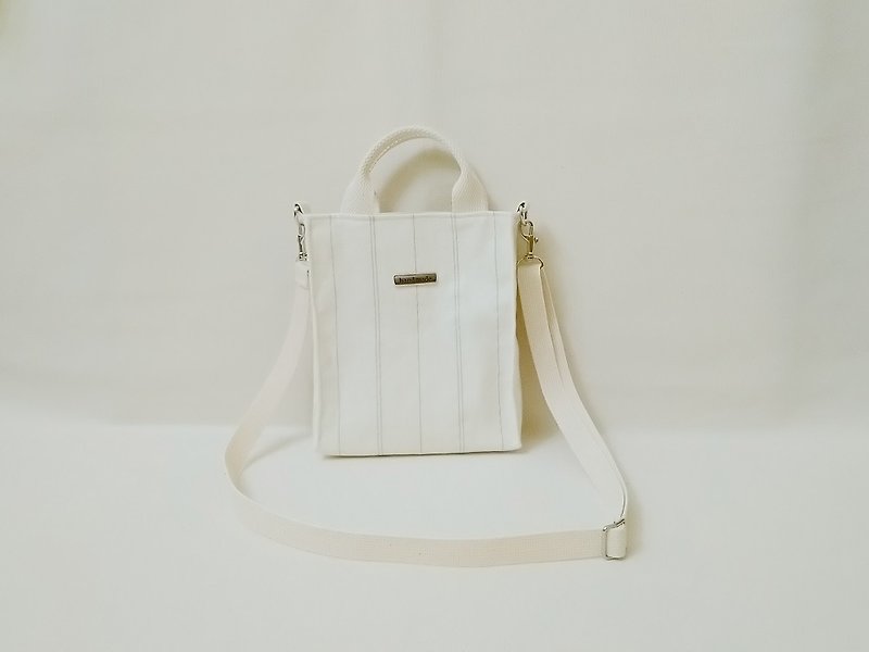 Crossbody bag shoulder bag mini square bag tote bag mobile phone bag simple beige striped style - Messenger Bags & Sling Bags - Cotton & Hemp White