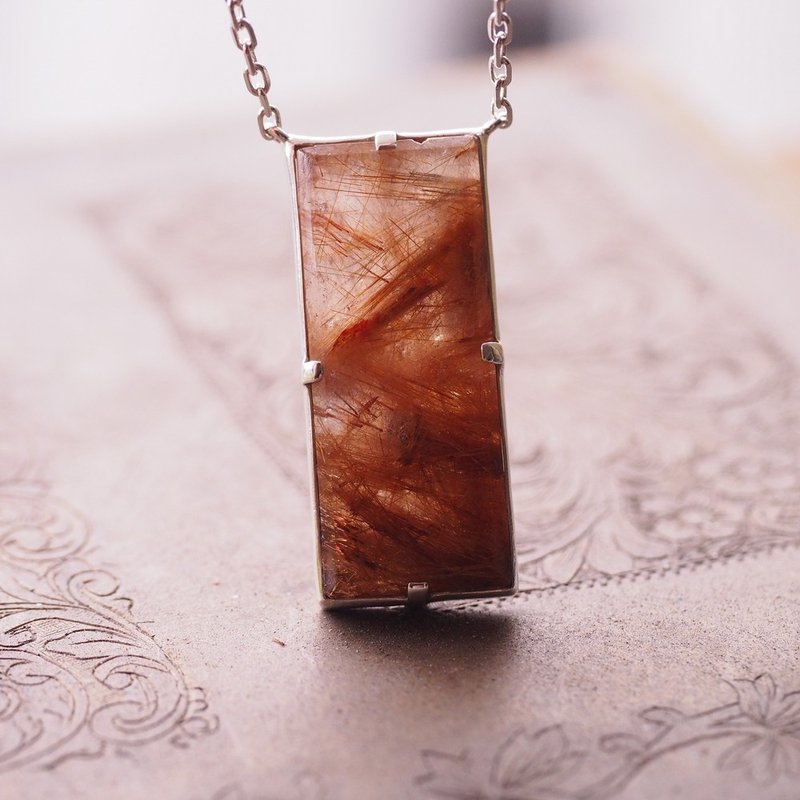 長型紅銅鈦晶 手工純銀項鍊 中性飾品 Rutilated quartz - 項鍊 - 水晶 金色